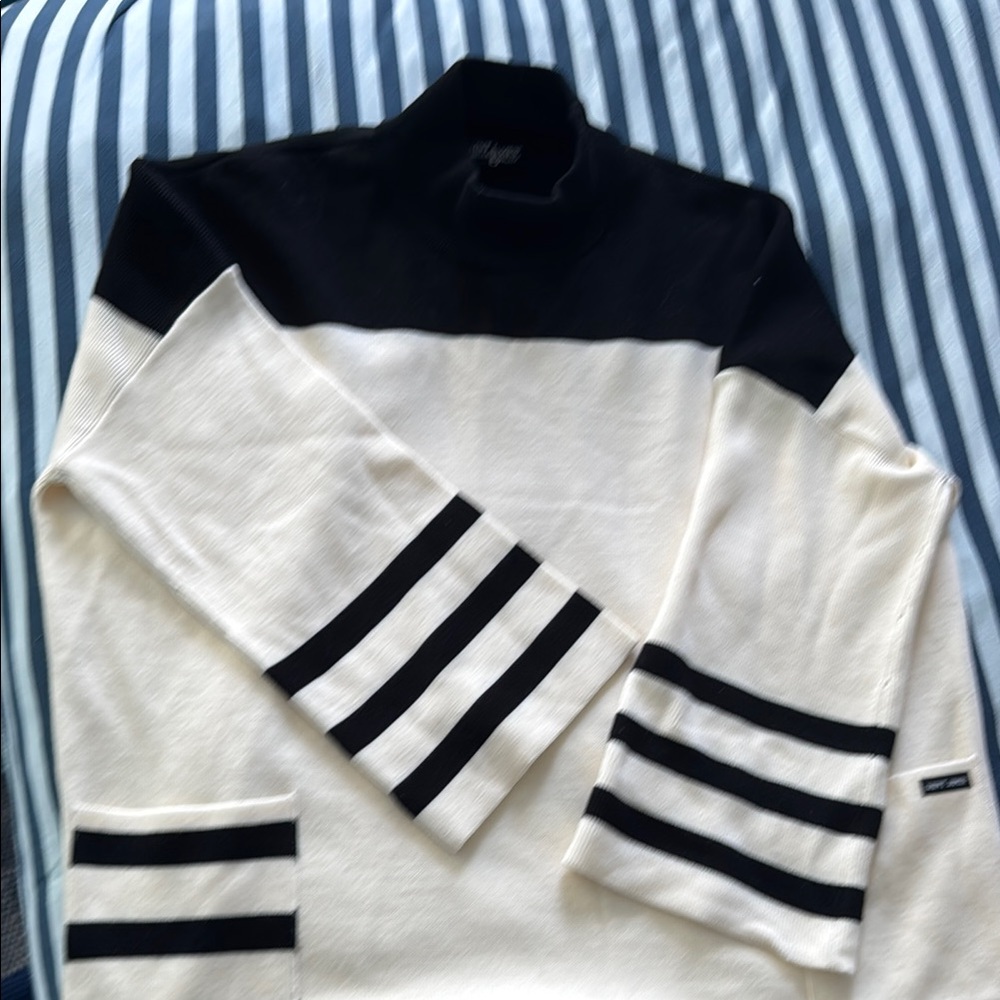 Saint James Black and White Turtleneck Sweater with Nautical Stripes